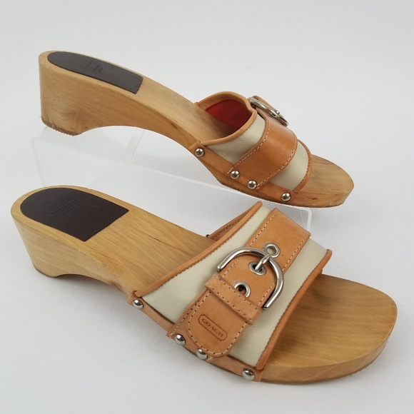 Coach Shoes - Coach Leather Buckle Wooden Mule Clogs